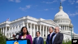 Rep. Pramila Jayapal, D-Wash., speaks at a Congressional Progressive Caucus news conference, Aug. 12, 2022, on in Washington. WithJayapal from left are Rep. Jamie Raskin, D-Md., Rep. Mark Takano, D-Calif., and Rep. Mark Pocan, D-Wis. 
