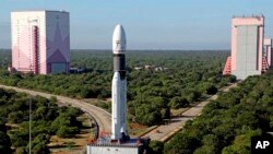 This photograph released by the Indian Space Research Organization (ISRO) shows India's heaviest rocket prepared ahead of the launch from the Satish Dhawan Space Center in Sriharikota, India, Oct. 15, 2022. (Indian Space Research Organization via AP)