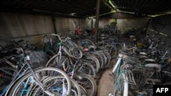 FILE - This photograph taken in Zelenodolsk, southern Ukraine, on Sept. 27, 2022, shows a storage of bicycles belonging to people who fled from the Kherson region, amid the Russian invasion of Ukraine.