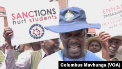 Anti-sanction demonstrator Mabutho Moyo says U.S. and British sanctions caused the collapse of Zimbabwe’s economy because industries could no longer get lines of credit, Oct. 25, 2022. (Columbus Mavhunga/VOA)