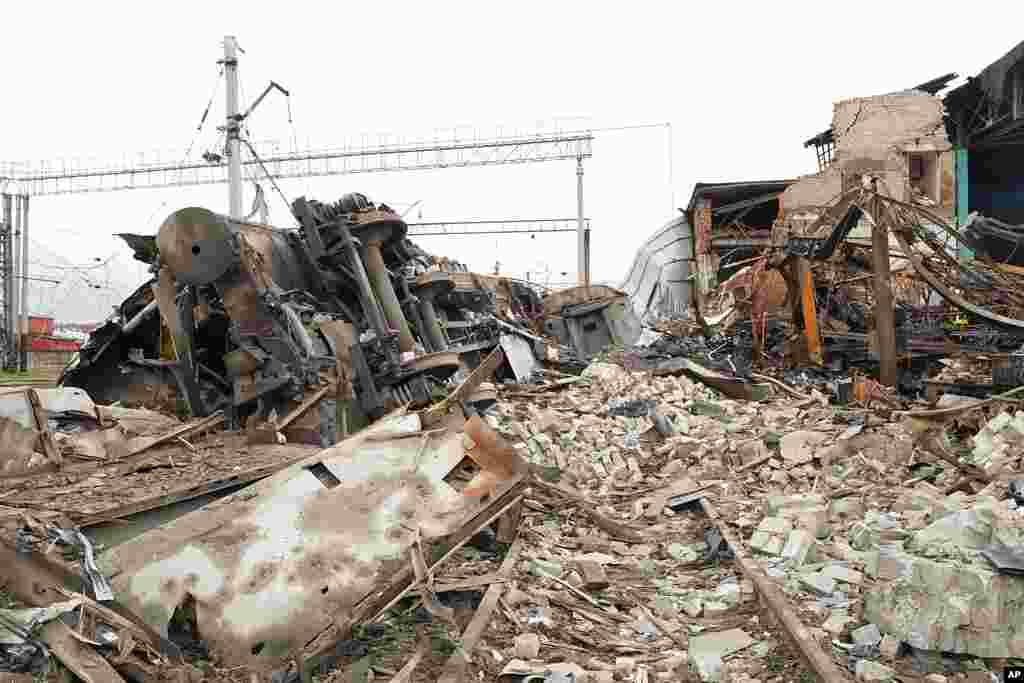 Debris covers a railway depot ruined after a Russian rocket attack in Kharkiv, Ukraine.