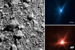 This combination of images provided by NASA shows three different views of the DART spacecraft impact on the asteroid Dimorphos on Monday, Sept. 26, 2022. (NASA via AP)
