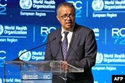 FILE - Tedros Adhanom Ghebreyesus, director-general of the World Health Organization, delivers a speech in Tel Aviv, Israel, Sept. 12, 2022.
