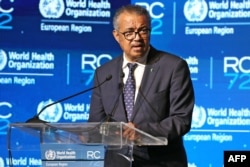 Direktur Jenderal Organisasi Kesehatan Dunia (WHO) Tedros Adhanom Ghebreyesus menyampaikan pidato selama sesi ke-72 Komite Regional WHO untuk Eropa pada 12 September 2022, di Tel Aviv, Israel. (Foto: AFP)