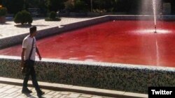 This image posted to Twitter Oct. 7, 2022 shows a fountain in Park Daneshjoo or Student Park in Tehran. An artist allegedly colored the water red in protest of the Iranian regime's deadly crackdown amid weeks of protests sparked by the death of Mahsa Amin