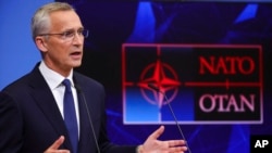 NATO Secretary-General Jens Stoltenberg meets the media during a press conference at the NATO headquarters in Brussels, Belgium, Oct. 11, 2022.