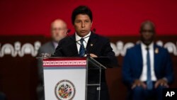 El presidente peruano, Pedro Castillo, se dirige a la Organización de los Estados Americanos (OEA) durante la apertura de su 52 Asamblea General en Lima, Perú, el 5 de octubre de 2022. 