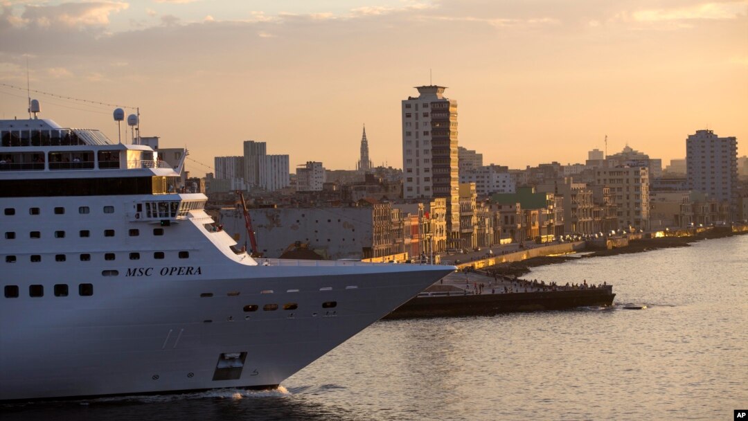 FILE - The MSC Opera cruise ship leaves the harbor in Havana, Cuba, on Feb. 4, 2016. Geneva-based MSC Cruises was hired by Qatari World Cup organizers to operate a third cruise ship, the 1,075-cabin MSC Opera, as a soccer fans' hotel during the World Cup that begins in November. 