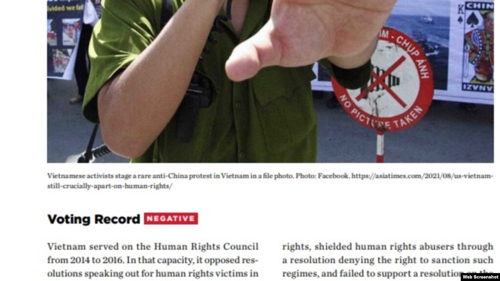 Phần viết về Việt Nam của các tổ chức UN Watch, Human Rights Foundation và the Raoul Wallenberg Center for Human Rights, phản đối việc bầu Việt Nam vào Hội đồng Nhân quyền LHQ 2023-2025. Photo UN Watch.