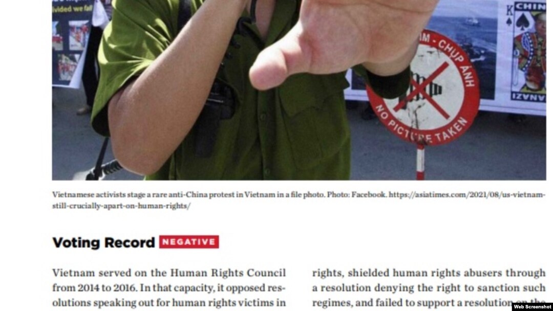 Phần viết về Việt Nam của các tổ chức UN Watch, Human Rights Foundation và the Raoul Wallenberg Center for Human Rights, phản đối việc bầu Việt Nam vào Hội đồng Nhân quyền LHQ 2023-2025. Photo UN Watch.