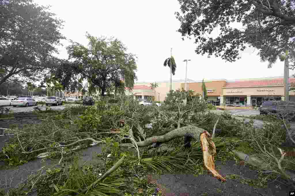 Tree limbs and palm fronds, knocked down from wind produced by the outer bands of Hurricane Ian, litter a parking lot of a shopping center, Sept. 28, 2022, in Cooper City, Florida.