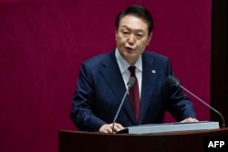 South Korean President Yoon Suk Yeol delivers a speech speaks on the government budget at the National Assembly in Seoul, Oct. 25, 2022.