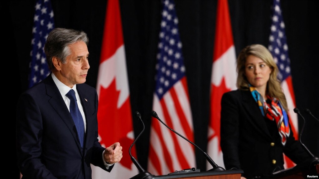 Canada's Foreign Minister Melanie Joly listens as U.S. Secretary of State Antony Blinken speaks during a news conference, in Ottawa, Ontario, Canada Oct. 27, 2022.
