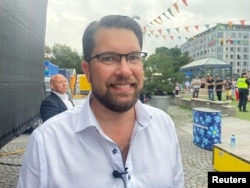 FIL - Sweden Democrats leader Jimmie Åkesson is pictured after a political meeting in Stockholm on August 19, 2022. His right-wing party is not part of the ruling coalition but won the largest number of parliamentary seats in the September election and has enormous influence over the ruling coalition.  coalition.