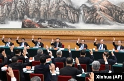 中共领导人习近平和他的班子在中共二十大会议上齐齐举手。（2022年10月18日）