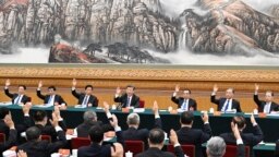 中共领导人习近平和他的班子在中共二十大会议上全体举手。（2022年10月18日）