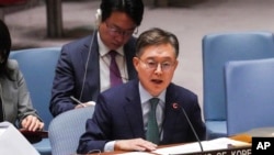 황준국 유엔 주재 한국 대사가 안전보장이사회 회의에서 발언하고 있다. (자료사진)