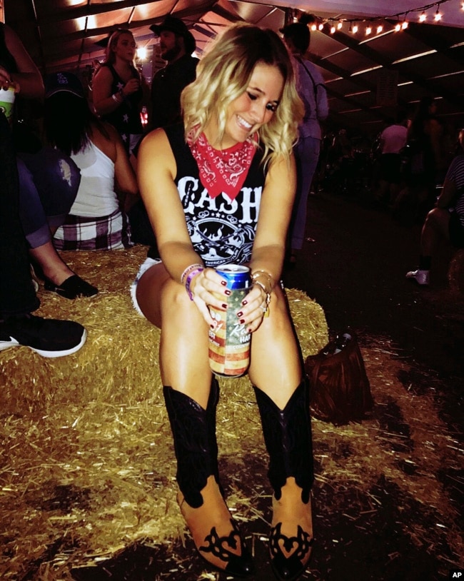 Film producer Ashley Hoff appears at the Route 91 Harvest, a country music festival, on Oct. 1, 2017 in Las Vegas. (Shaun Hoff via AP)