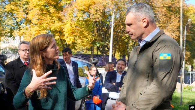  residential buildings in Zaporizhzhia - Samantha Power, left, who is the head of the U.S. Agency for International Development, talks to Kyiv Mayor Vitali Klitschko in Kyiv, Ukraine, Oct. 6, 2022. Power said the U.S. will provide an additional $55 million to repair heating pipes and other equipment.