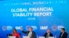 
Tobias Adrian, second from left, monetary and capital markets department director at the International Monetary Fund, speaks at a news conference during the 2022 annual meeting of the IMF and the World Bank Group, Oct. 11, 2022, in Washington. 