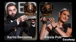 Men's and women's winners of the Ballon d'Or award, from left, Karim Bemzema and Alexia Putellas.