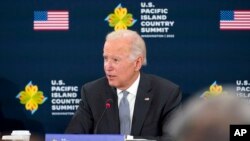 拜登總統在華盛頓國務院舉行的首屆美國-太平洋島國峰會上發表講話。（2022年9月29日）