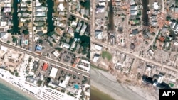 Combination handout images released Oct. 4 , 2022, by the Pleiades Neo show an image of Fort Myers Beach, before and after Hurricane Ian made landfall.