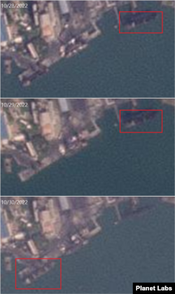 북한 남포항을 촬영한 28~30일 자 위성사진. 선박 3척이 보이는 가운데 적재함을 열고 있는 선박 1척(사각형 안)의 이동 장면도 확인된다. 자료=Planet Labs