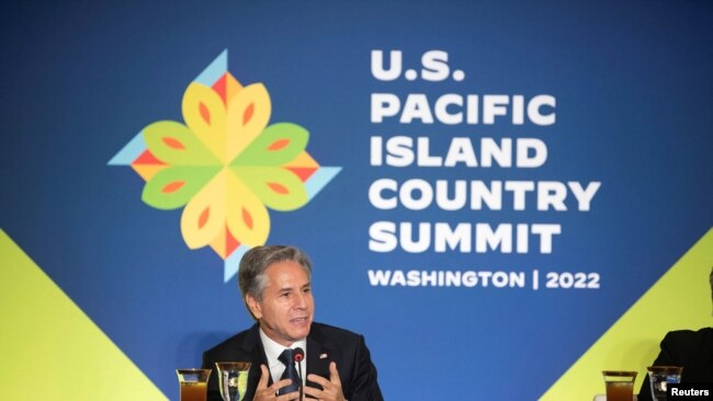 U.S. Secretary of State Antony Blinken speaks during a working lunch at the U.S.-Pacific Island Country Summit at the State Department in Washington, DC, U.S., Sept. 28, 2022.