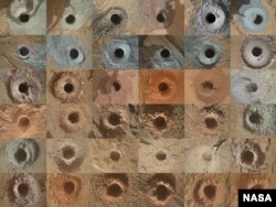 This grid shows all 36 holes drilled by NASA’s Curiosity Mars rover using the drill on the end of its robotic arm. The rover analyzes powderized rock from the drilling activities. The images in the grid were captured by the Mars Hand Lens Imager (MAHLI) n the end of Curiosity’s arm. (Credits: NASA/JPL-Caltech/MSSS.)
