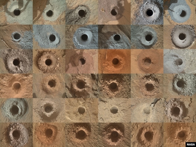 This grid shows all 36 holes drilled by NASA’s Curiosity Mars rover using the drill on the end of its robotic arm. The rover analyzes powderized rock from the drilling activities. The images in the grid were captured by the Mars Hand Lens Imager (MAHLI) n the end of Curiosity’s arm. (Credits: NASA/JPL-Caltech/MSSS.)