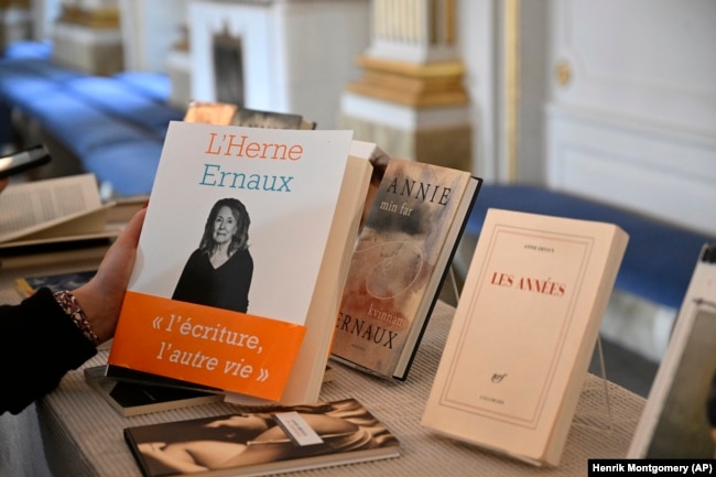 Books by French author Annie Ernaux displayed in Borshuset, Stockholm, Sweden, Thursday, Oct. 6, 2022. (Henrik Montgomery/TT News Agency via AP)