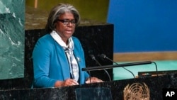 Linda Thomas-Greenfield, the U.S. ambassador to the United Nations, addresses the General Assembly before it voted on a resolution condemning Russia's illegal referendum in Ukraine, Oct. 12, 2022, at U.N. headquarters.