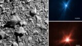This combination of images provided by NASA shows three different views of the DART spacecraft impact on the asteroid Dimorphos on Sept. 26, 2022.