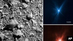 ناسا پاران جاري ڪيل هنن تصويرن ۾ 26 سيپٽمبر 2022 تي’ڊارٽ’ اسپيس ڪرافٽ جي ’ڊيمارفوس’ سيارچي سان ٽڪرائڻ جا ٽي مختلف ڏيک نظر اچي رهيا آهن. اي پي.