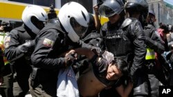 La policía de Ecuador detiene a un manifestante frente a la Asamblea Nacional, cuando legisladores debatían una serie de reformas constitucionales.