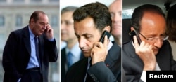 From left, file pictures of former French Presidents Jacques Chirac and Nicolas Sarkozy and President Francois Hollande making phone calls in France. France branded as unacceptable reported spying the United States on French senior officials.