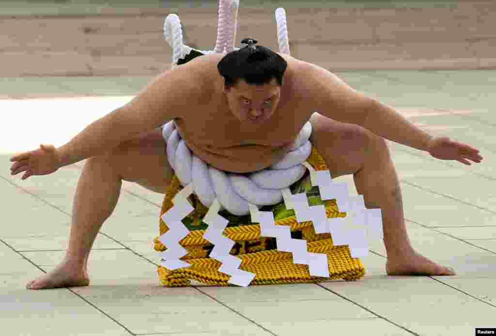 Mongolian-born grand sumo champion Yokozuna Hakuho performs the New Year&#39;s ring-entering rite at the annual celebration for the New Year at Meiji Shrine in Tokyo,Japan.