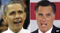 This photo combo shows President Barack Obama in Chapel Hill, N.C. on April 24, 2012, and Republican presidential candidate, former Massachusetts Gov. Mitt Romney on April 18, 2012 in Charlotte, N.C. 