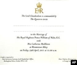 An invitation card for the wedding of Prince William and Kate Middleton is seen at Buckingham Palace in London