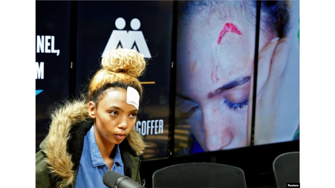 FILE - Gabriella Engels, who claims to have been assaulted by Grace Mugabe, arrives for a news conference in Pretoria, South Africa, Aug. 17, 2017.