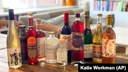 Non-alcoholic spirits are displayed in New York in August 2021. Interest in a sober lifestyle has been growing for years, leading to the rise of mocktails and alcohol-free bars. (Katie Workman via AP)