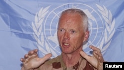 Norwegian Major-General Robert Mood, who leads the United Nations Supervision Mission in Syria, speaks during a news conference, in Damascus June 15, 2012.
