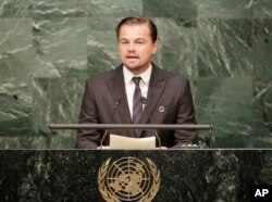Actor Leonardo Di Caprio, a United Nations Messenger of Peace, speaks at the signing ceremony for the Paris Agreement on climate change, April 22, 2016 at U.N. headquarters.