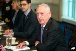 Defense Secretary Jim Mattis responds to reporter's question about military action in Syria during a meeting with Netherlands Minister of Defense Ank Bijleveld at the Pentagon in Washington, April 11, 2018.