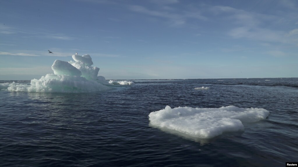 绿色和平组织的 '北冰洋日出 '号在北冰洋进行考察时看到了浮冰（2020年9月14日）。(photo:VOA)