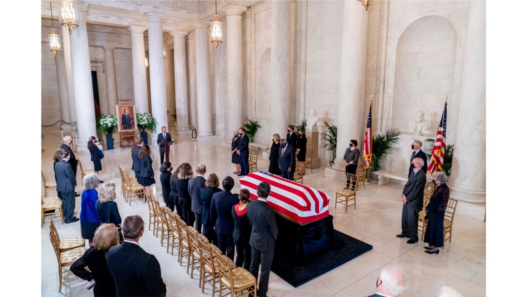 hief Justice of the US Supreme Court, John Roberts, speaks during a private ceremony for Justice Ruth Bader Ginsburg at the Supreme Court in Washington, DC, on September 23, 2020.