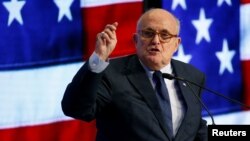 FILE - Rudy Giuliani speaks at the 2018 Iran Freedom Convention in Washington, May 5, 2018. 
