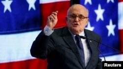 FILE - Rudy Giuliani speaks at the 2018 Iran Freedom Convention in Washington, May 5, 2018.