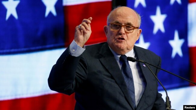 FILE - Rudy Giuliani speaks at the 2018 Iran Freedom Convention in Washington, May 5, 2018.